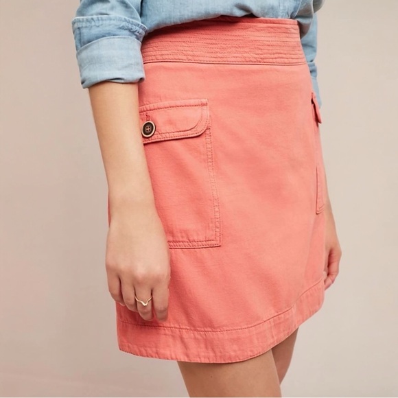 By Anthropologie Coral Cargo Utility Skirt Size 6 Flap Pockets Linen Blend‎ - Picture 5 of 6